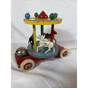 Vintage 1960s Brio Wood Carousel/Merry-Go-Round Children's Pull Toy with a Bell